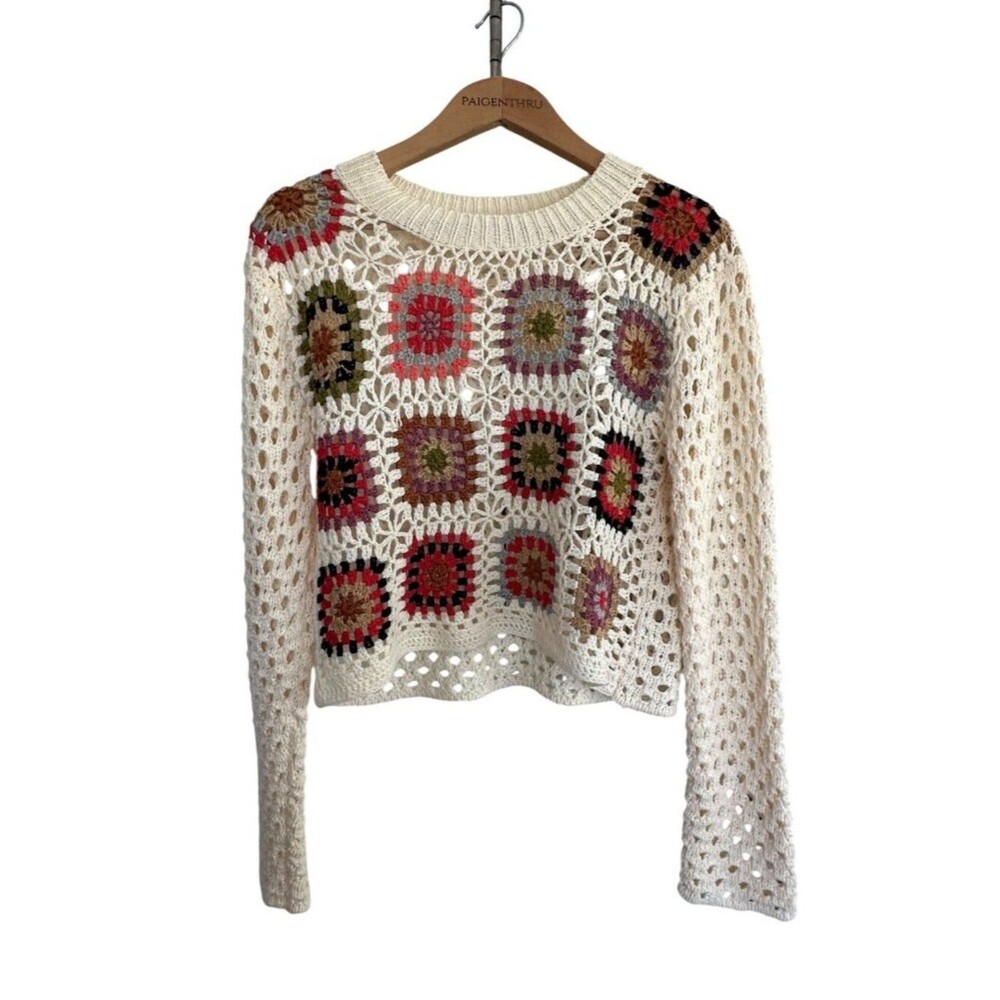 Debut Women's M Crochet Granny Square Open Knit Cream Sweater